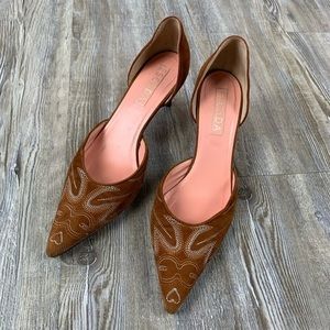 Escada Brown Suede Western Embroidered Kitten Heel